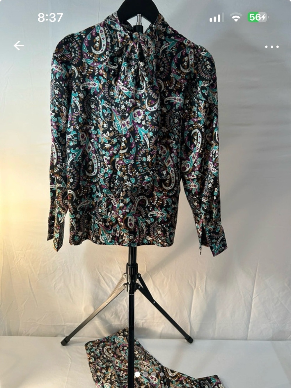 Womens Paisley Tie-Neck Blouse in Black and Teal two piece pants set